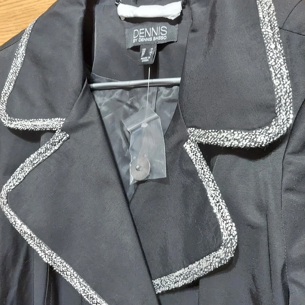 NWOT Dennis by Dennis Basso Trench Coat Womens Med‎ Black Tweed Trim Belted Chic